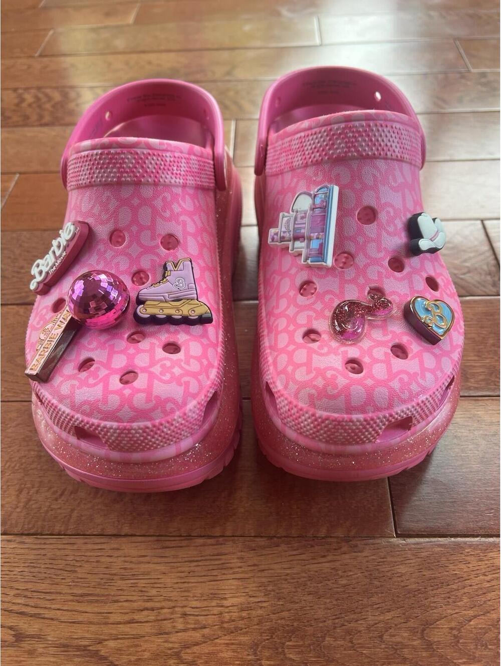 Crocs x Barbie The Movie Mega Crush Clog Pink Glitter Platform W9 M7 Charms